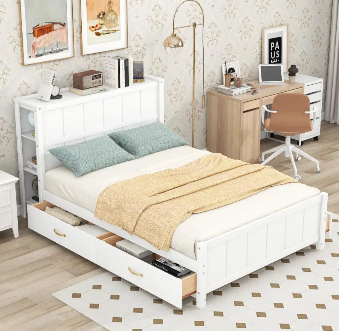 Full Size bed,Youth bed,Adult bed,Modern Full Size Platform Bed with Drawers,Storage Shelves,Headboard and Footboard,for bedroom