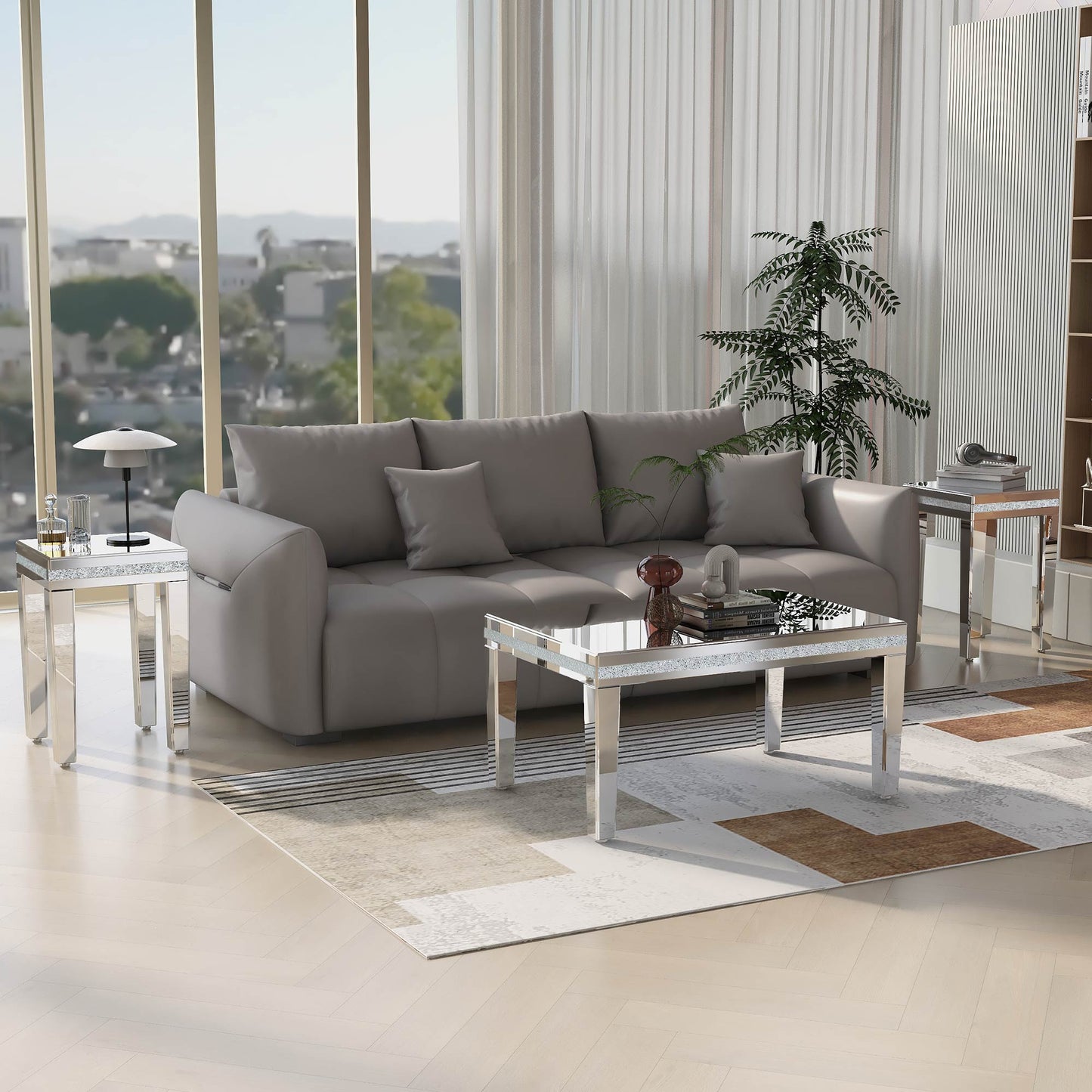 Set of 3 Modern Glass Crystal Design Mirrored Coffee Table