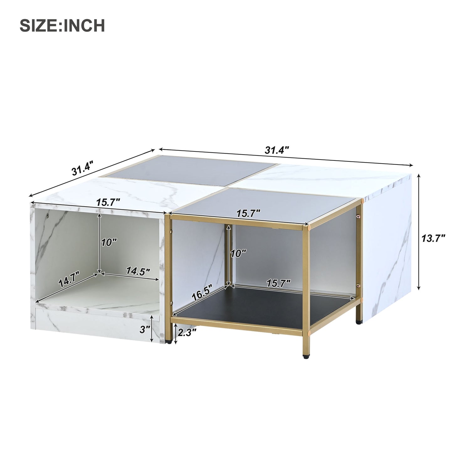 2-Layer Modern Coffee Table with Metal Frame + White Marble Finish