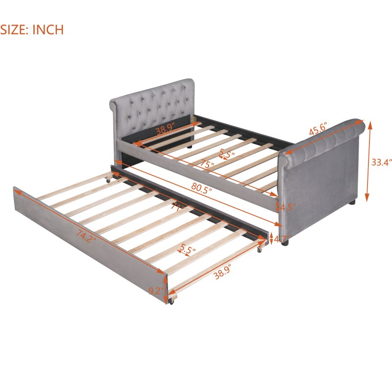 Grau gepolstertes Twin-Tagesbett + Rollbett