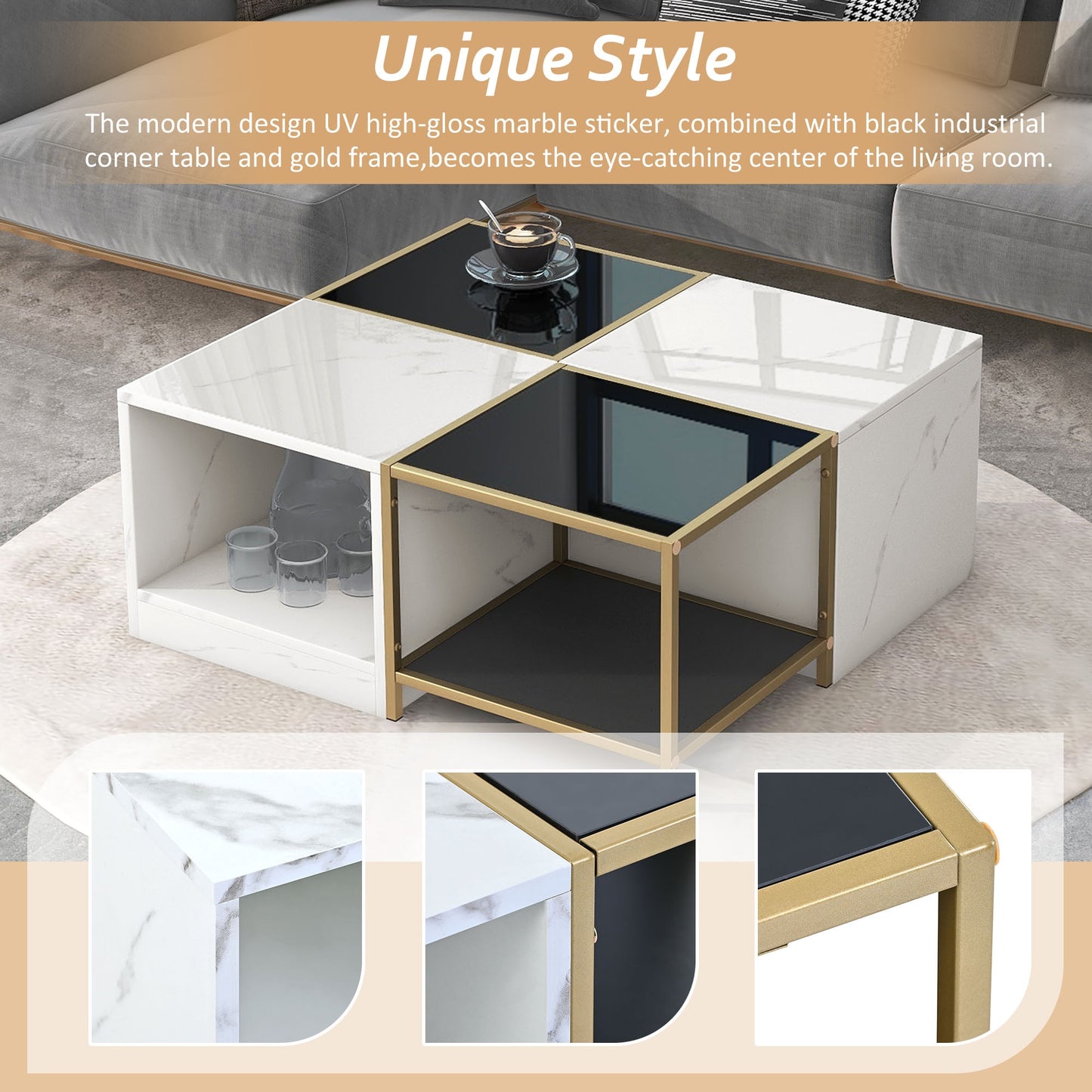 2-Layer Modern Coffee Table with Metal Frame + White Marble Finish