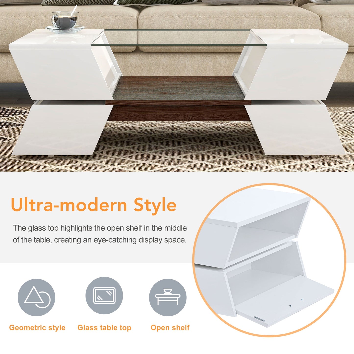 2-Tier Geometric Style Glass-Top Coffee Table