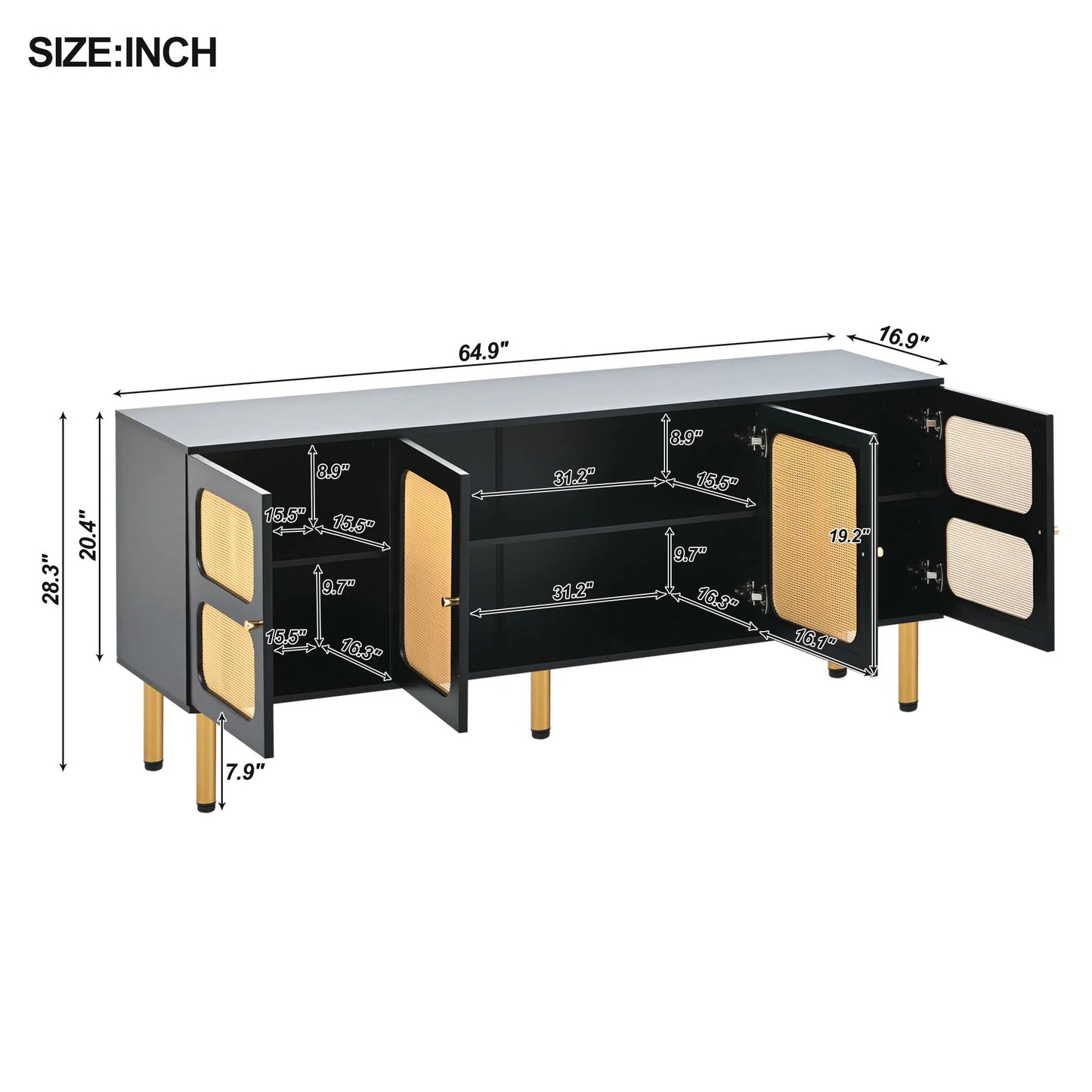 Boho Style TV Cabinet Stand with Rattan Door Woven Media Console