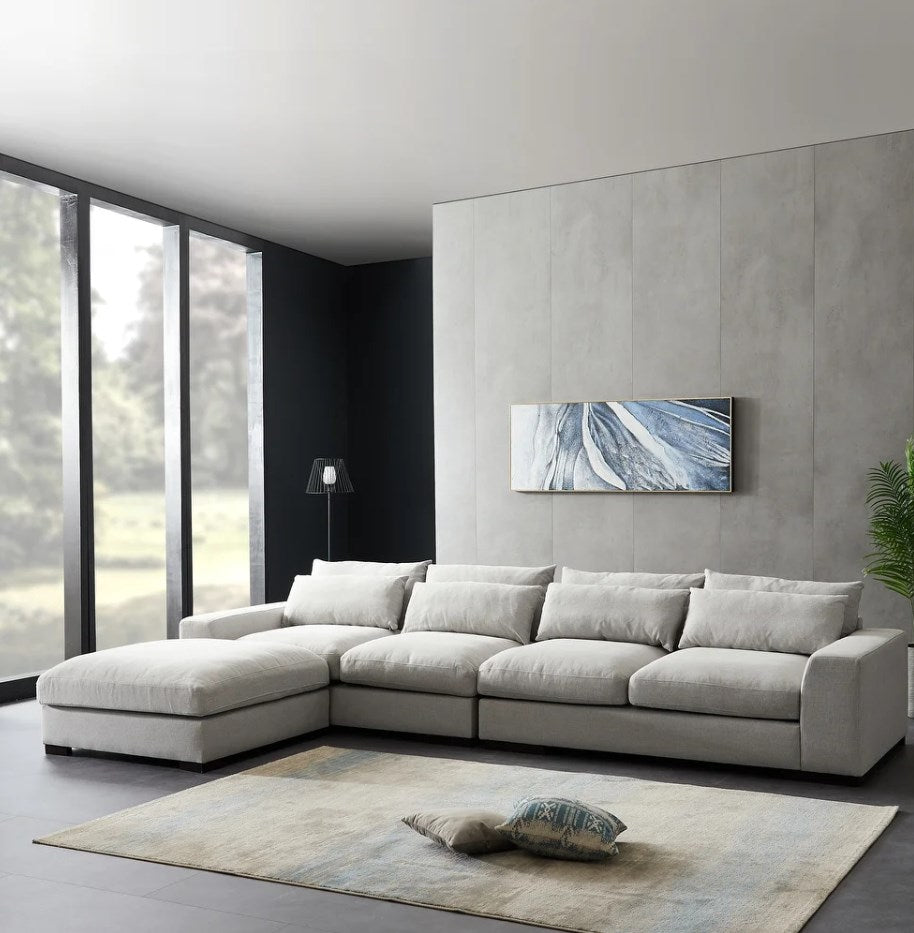 Feather Filled Reversible L-Shaped Sofa + Storage Ottoman