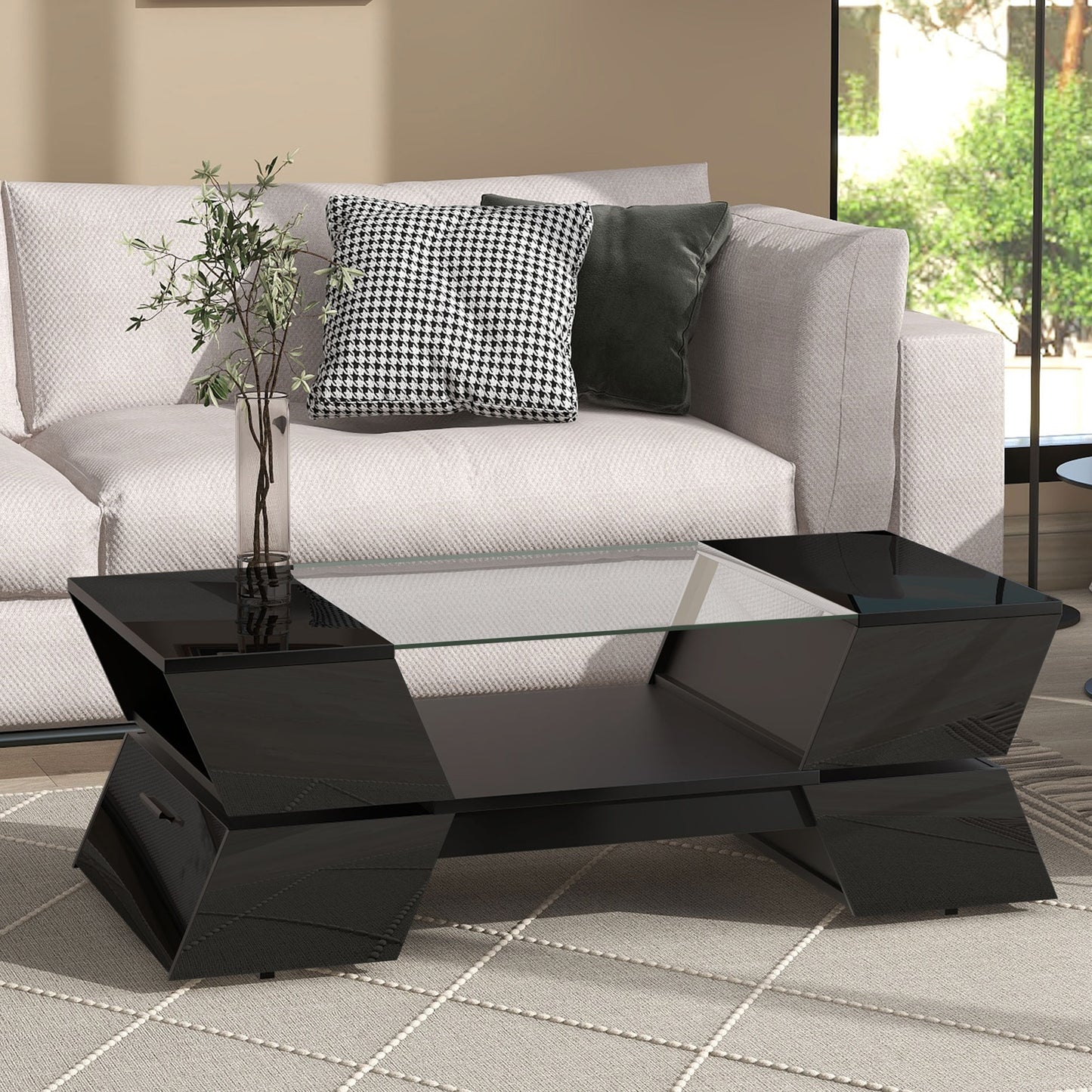 2-Tier Geometric Style Glass-Top Coffee Table