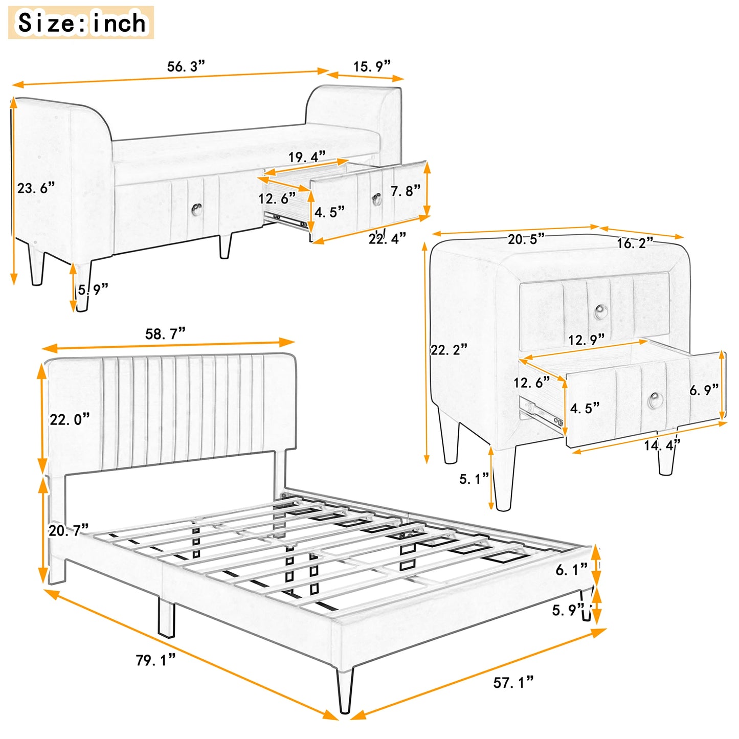 Upholstered Velvet 4-Piece Bed Set