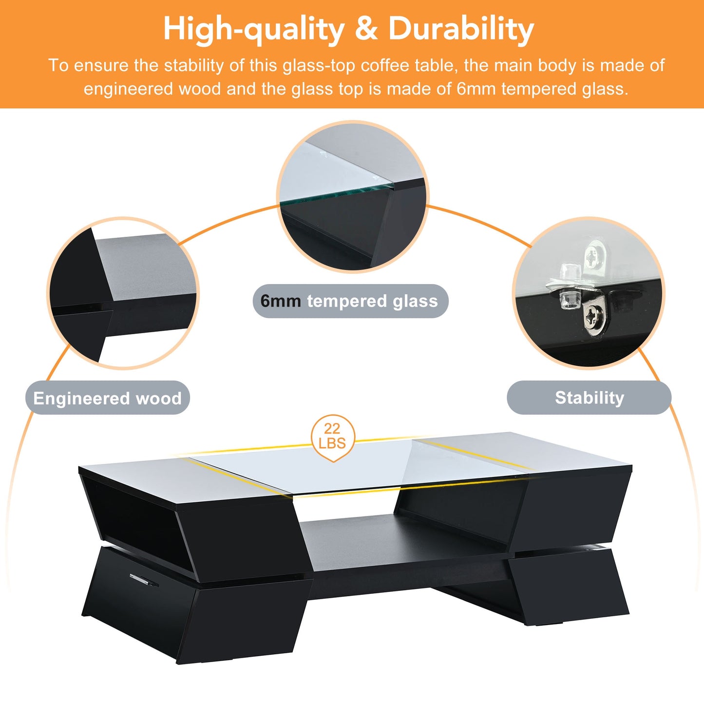 2-Tier Geometric Style Glass-Top Coffee Table