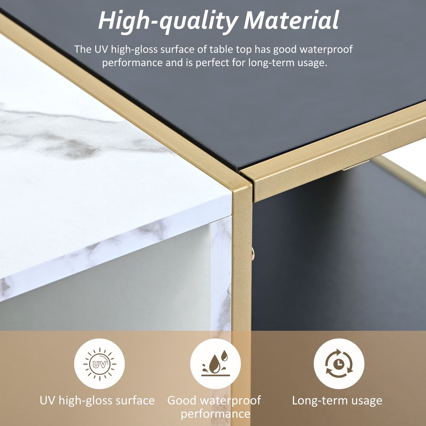 2-Layer Modern Coffee Table with Metal Frame + White Marble Finish