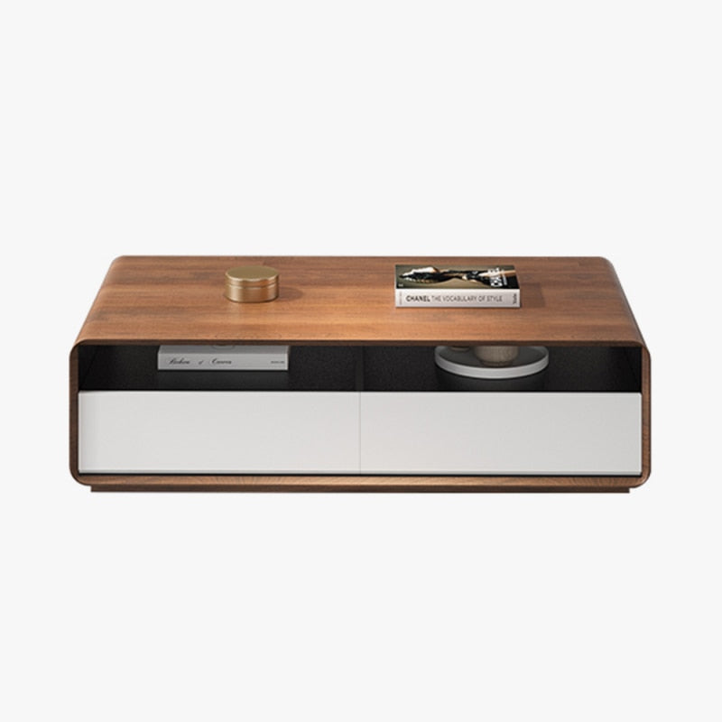 Rectangular Wooden Coffee Table + 4 Drawers + Open Shelf Storage