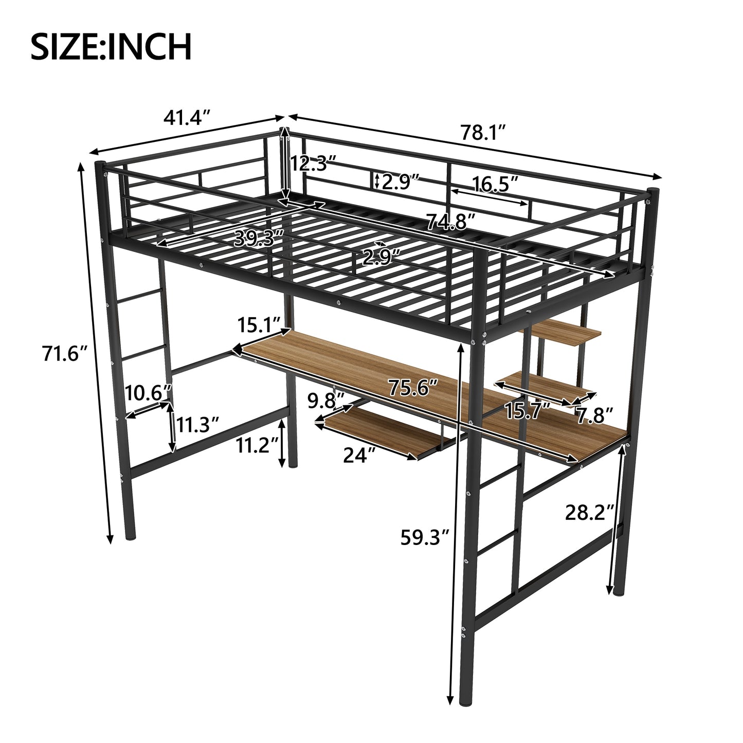 Platzsparendes Twin-Size-Hochbett mit Schreibtisch und Regal