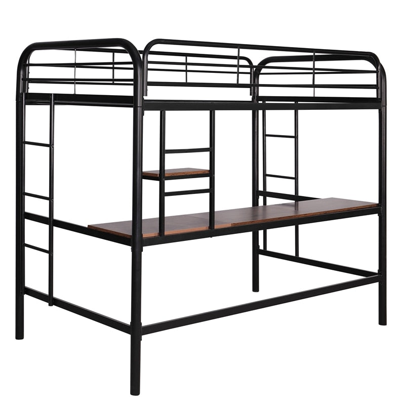 Hochbett aus Metall mit Schreibtisch und Regal