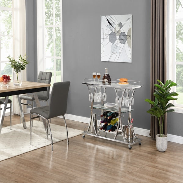 Moderner Barwagen aus Chrom mit Weinregal