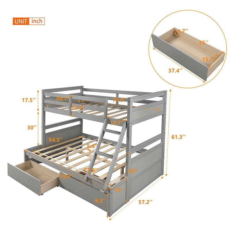 Solid Pine Twin Loft Over Full Bunk Bed With Ladder