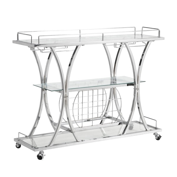Moderner Barwagen aus Chrom mit Weinregal