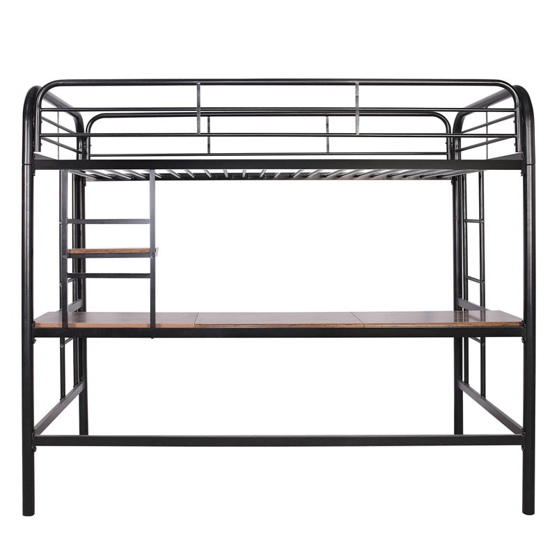 Hochbett aus Metall mit Schreibtisch und Regal