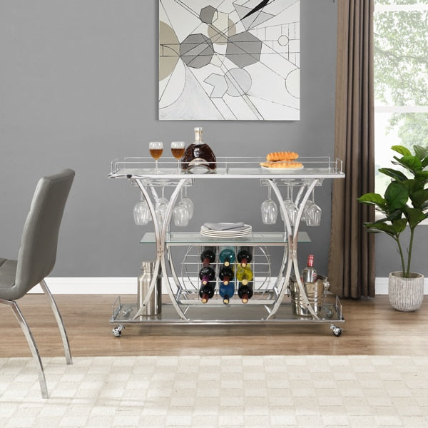 Moderner Barwagen aus Chrom mit Weinregal