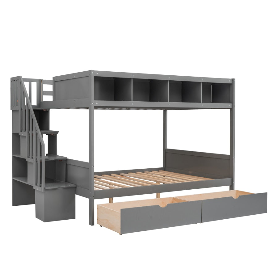 Graues Einzel-Etagenbett mit Regalen, Stauraumtreppe und 2 Schubladen