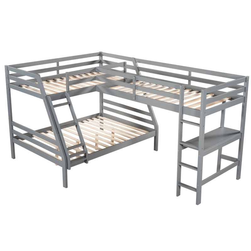 L-Shaped Twin over Full Bunk Bed and Twin Size Loft Bed with Built-in Desk