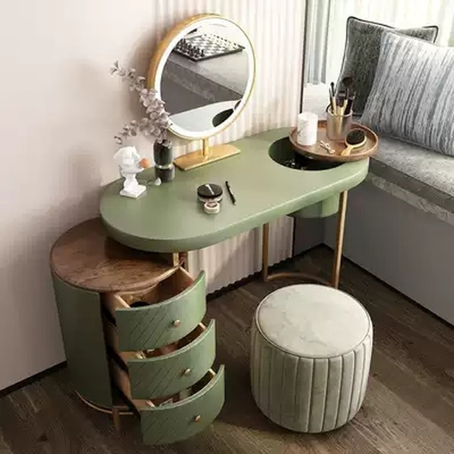 Vanity Table With LED Lighted Mirror, Movable Tray Top, and 4 Solid Wood Drawers