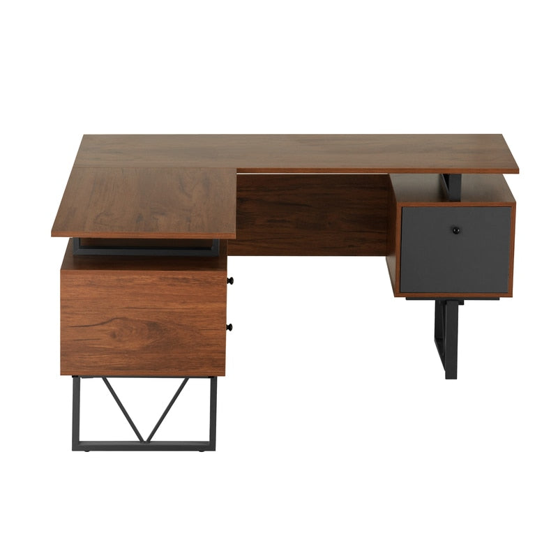 Walnut L-Shape Computer Desk with Drawers and File Cabinet