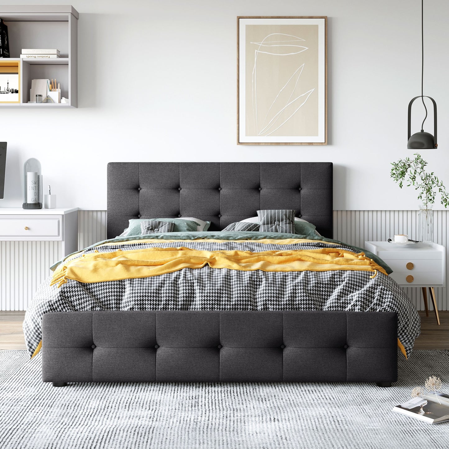 Upholstered Platform Bed With 4 Drawers Linen Fabric Queen Size