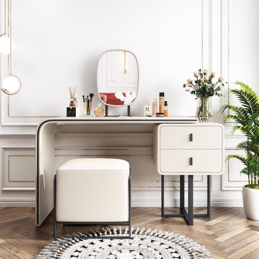 Modern Vanity Table, 2 Drawers, Mirror And Stool