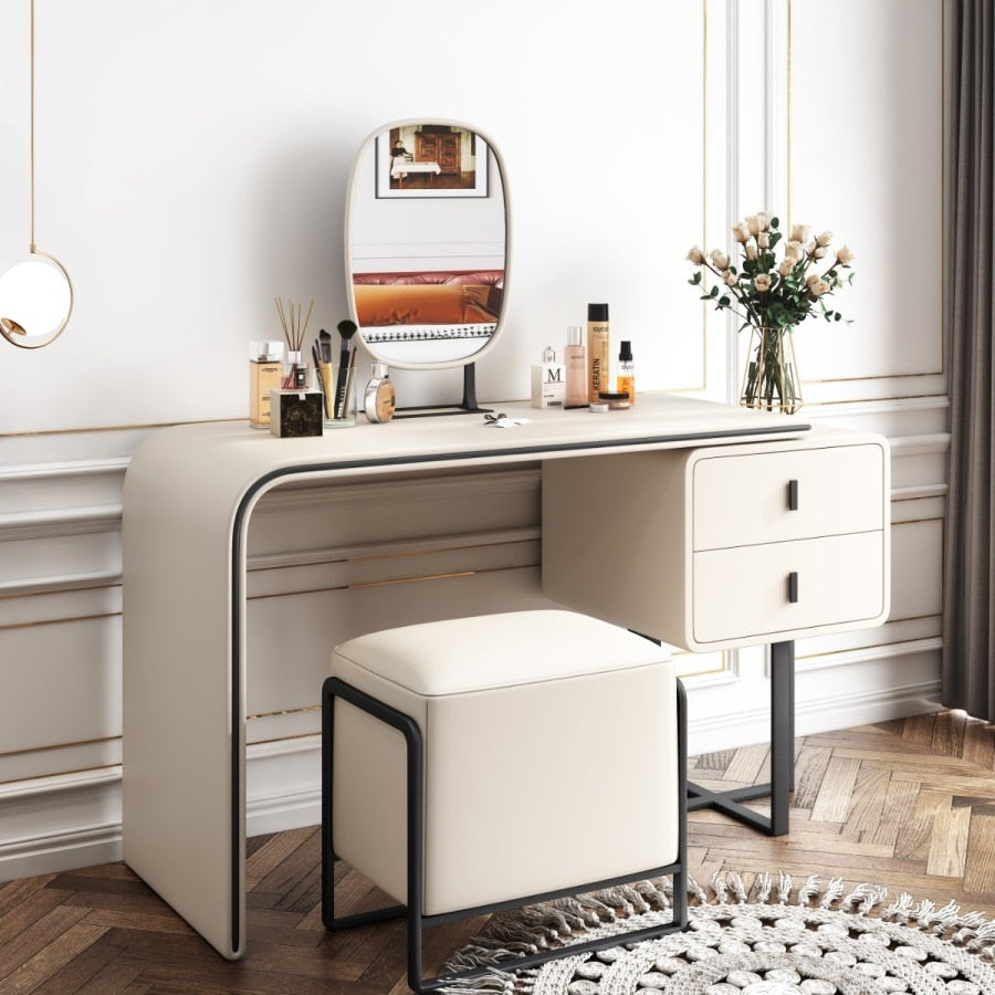 Modern Vanity Table, 2 Drawers, Mirror And Stool