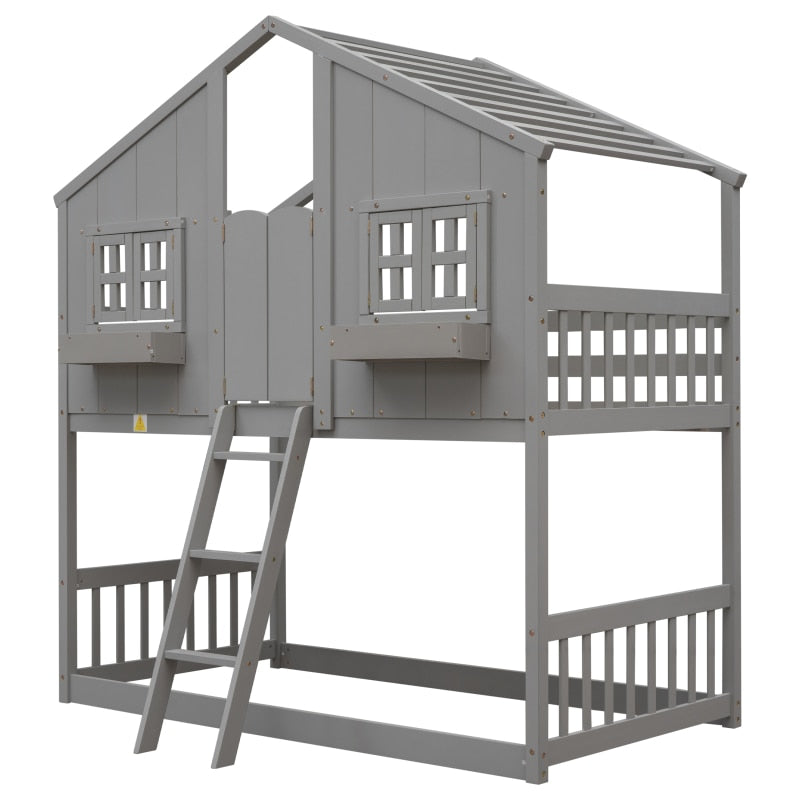 Graues Twin-over-Twin-House-Etagenbett mit Dach, Fenster, Blumenkasten, Türdesigns, mit Sicherheitsgeländer und Leiter