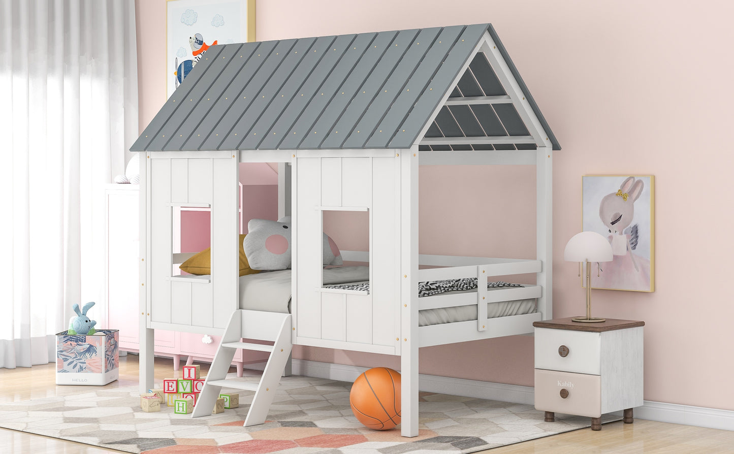 Twin-Loft-Hausbettgestell mit Dach und zwei Vorderfenstern