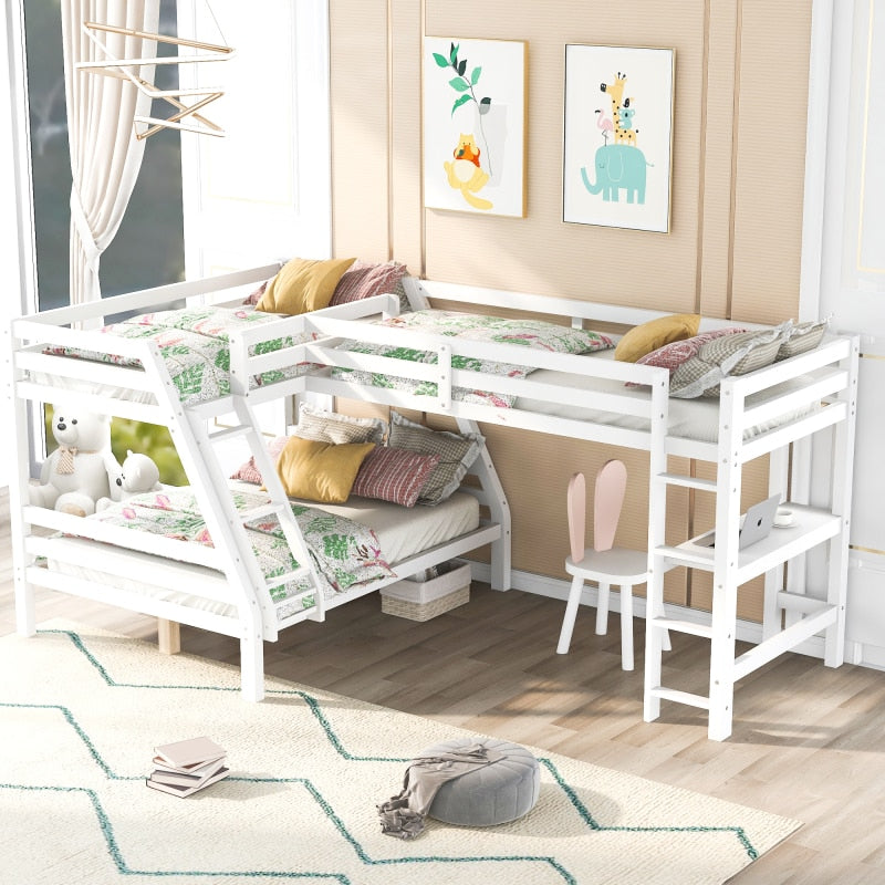 L-Shaped Twin over Full Bunk Bed and Twin Size Loft Bed with Built-in Desk