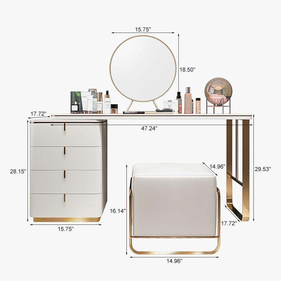 Vanity with 4 Drawers, Mirror and Stool