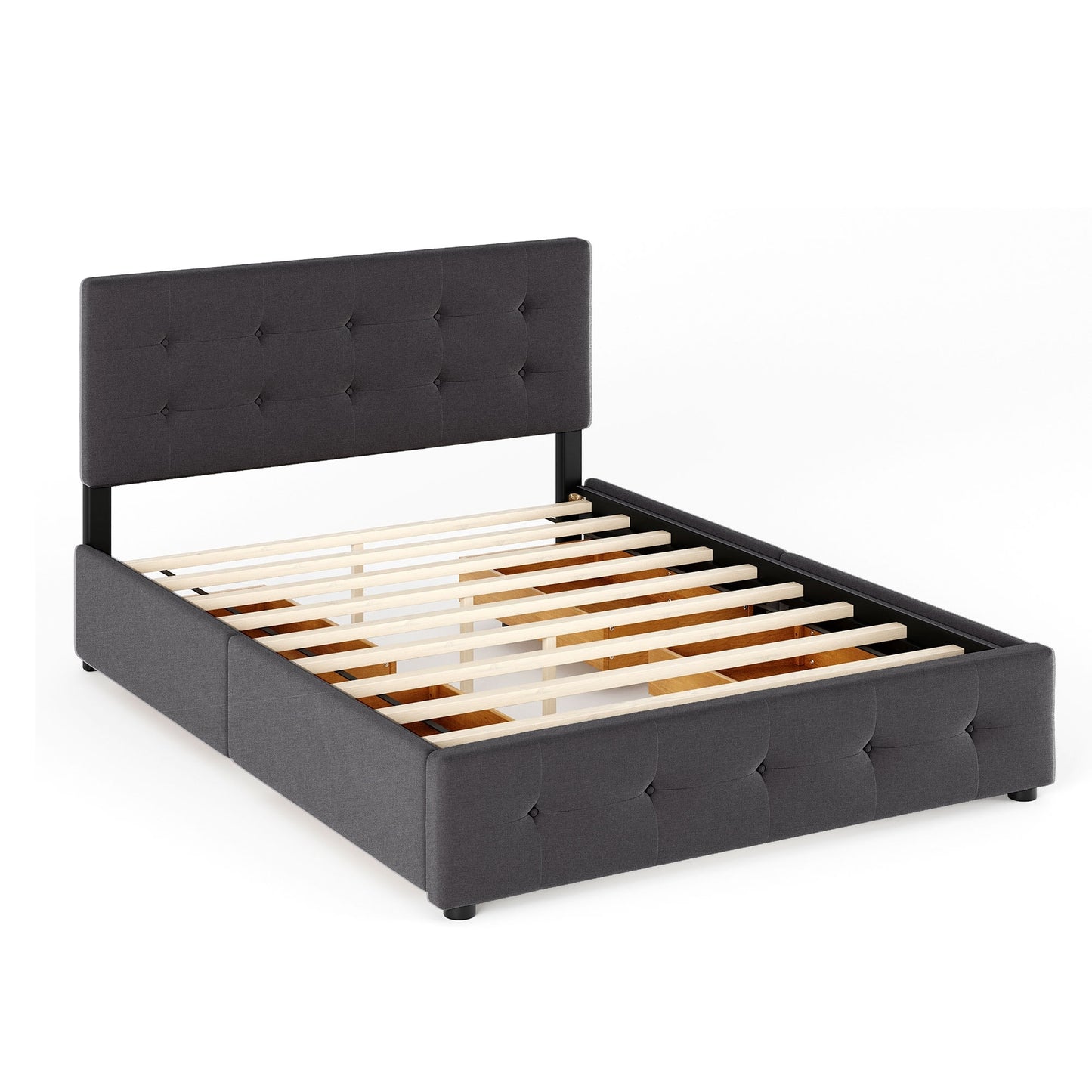 Upholstered Platform Bed With 4 Drawers Linen Fabric Queen Size