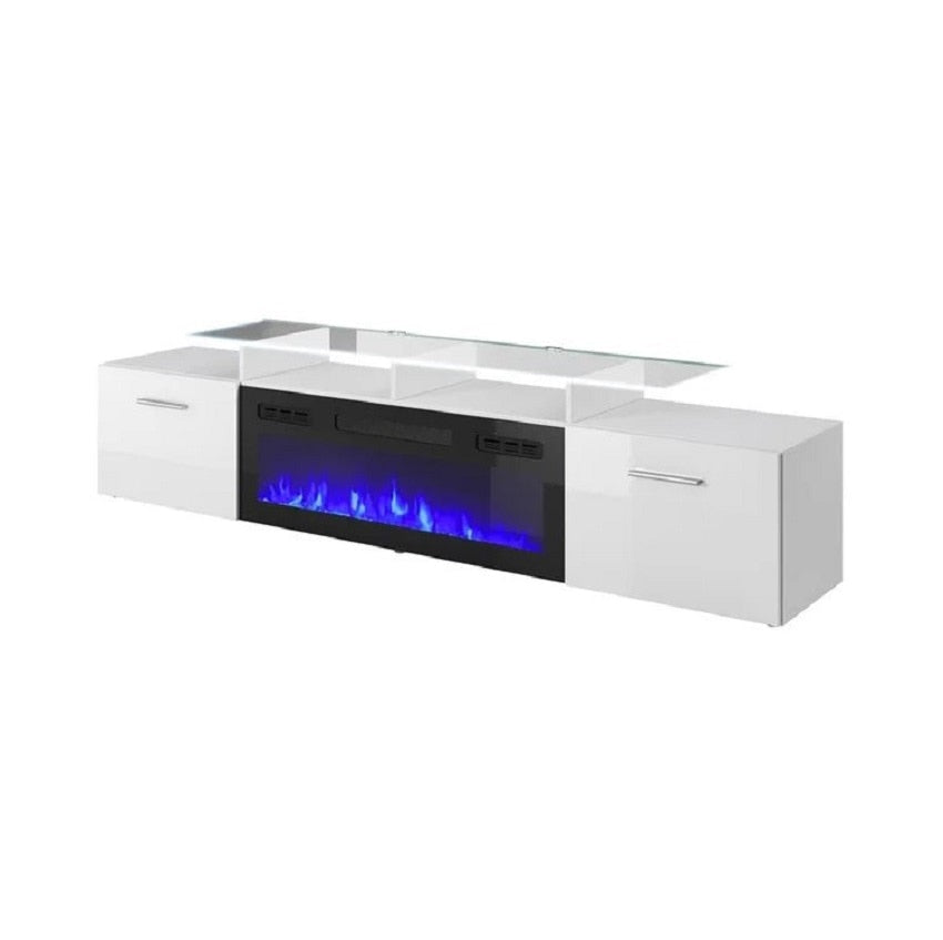 Wood Style: Solid Wood
Type: Living Room Furniture
Specific Use: TV Stand
Material: Wooden
Appearance: Modern Style
Description
Modern TV stand / TV console / TV cabinet / central entertainment center. High gloss fronts with matte body electric fireplace insert included with glass fronts, remote control, and on/off control, 3 changeable flame colors, temperature control, timer setting, and dimmer 16 colors LED light system included with color control and on/off remote . Modern and unique contemporary