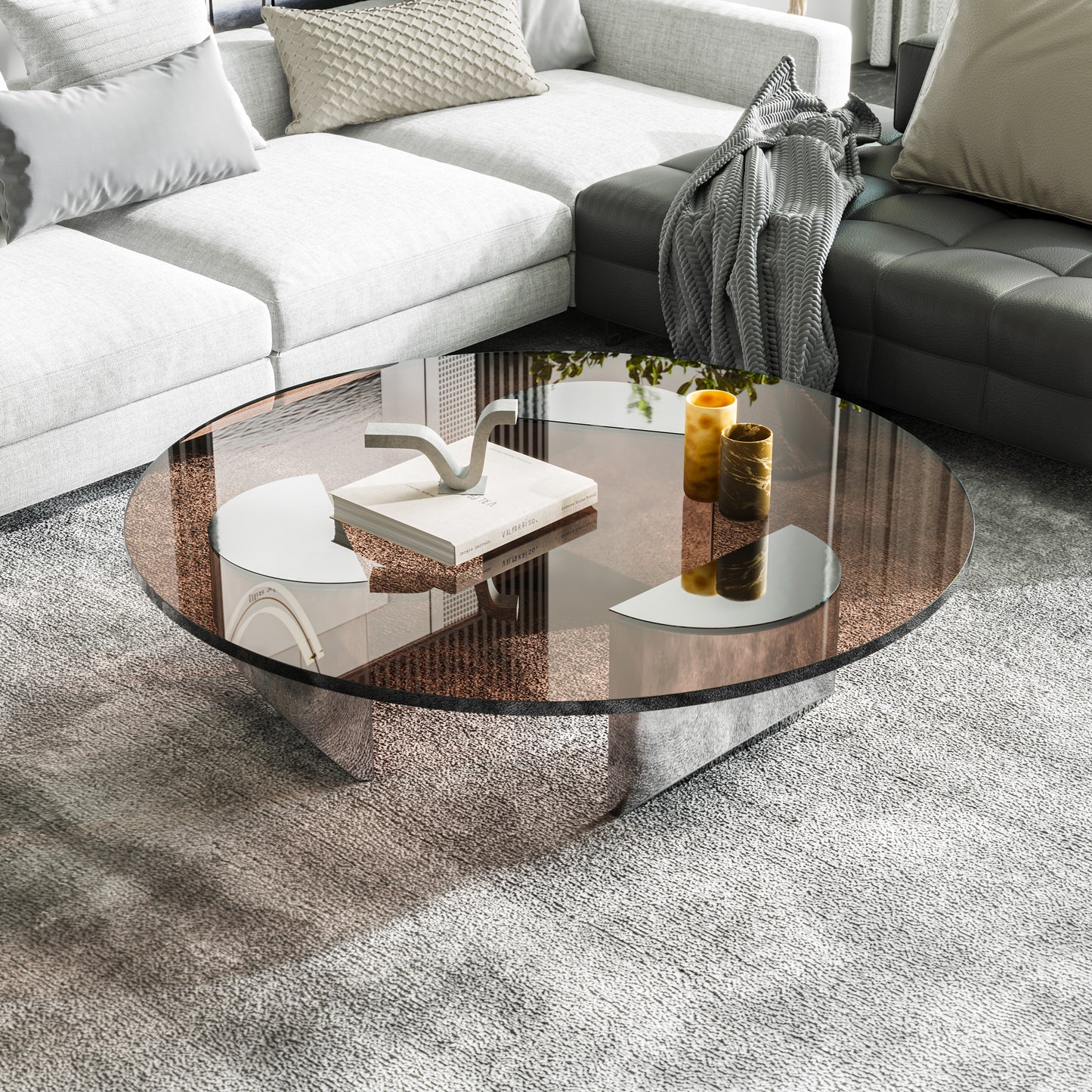 Vintage Round Wedge Coffee Glass Table Minimalist Tea Table Heavy Duty Polished Steel Legs for Living Room Home Office