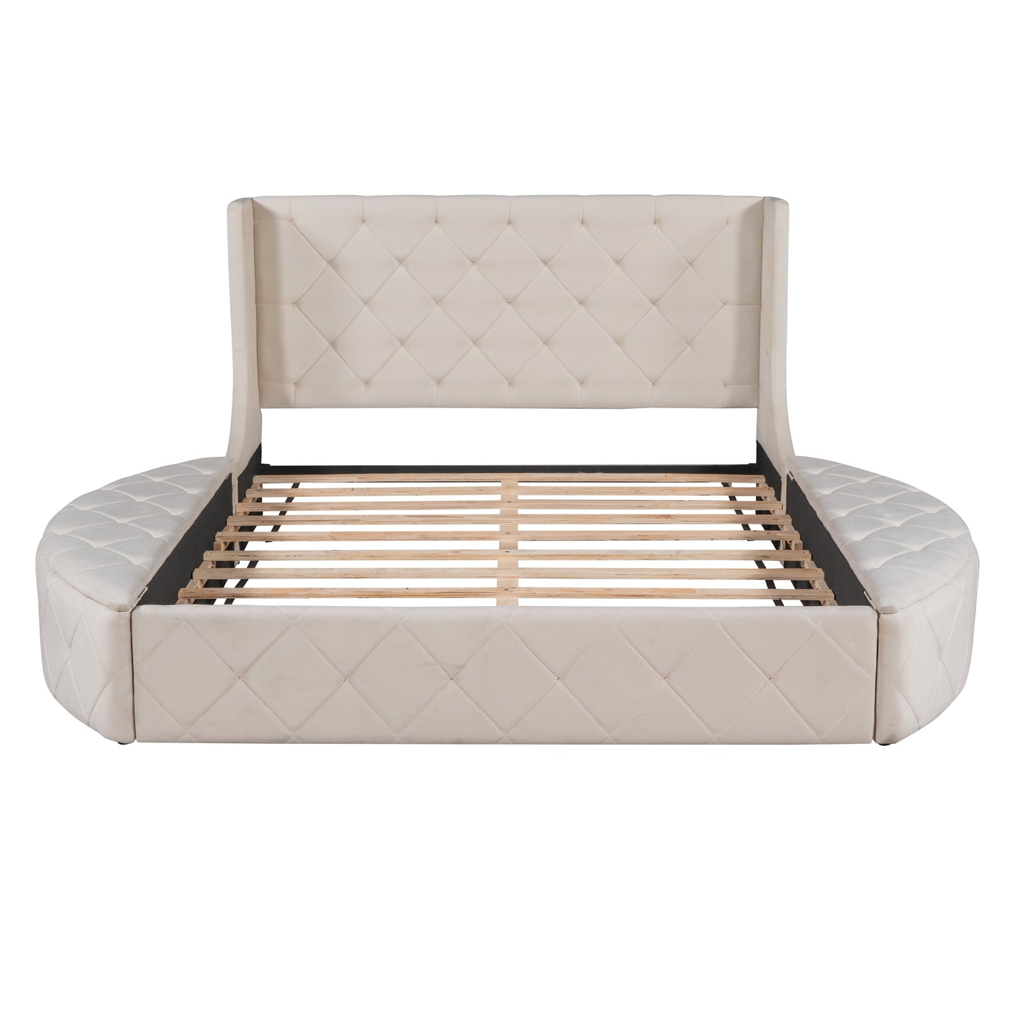 Gepolstertes Queen-Size-Bett mit Plattform und Stauraum aus Samt