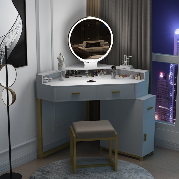 Corner Vanity Set with Lighted Mirror and stool