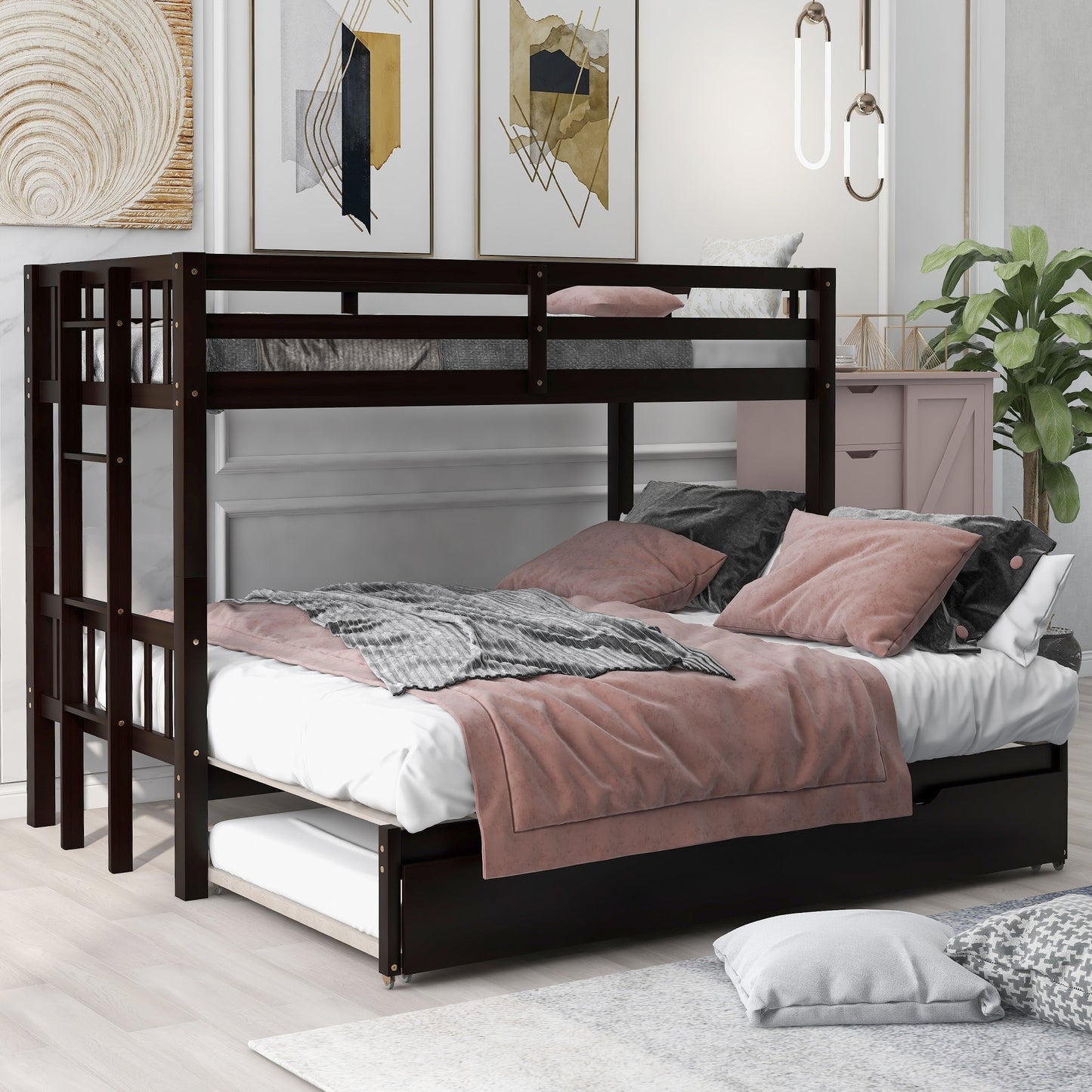Espresso-Doppelbett über Etagenbett mit Ausziehbett