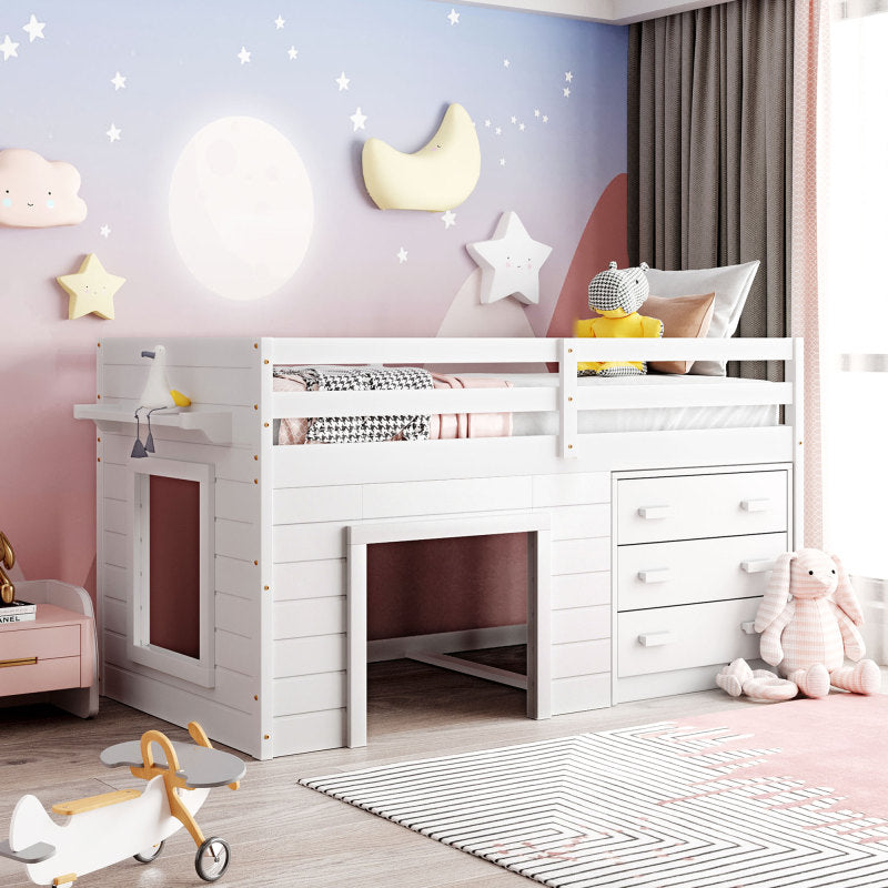 Twin-Size-Hochbett mit Schrank und Regal – Weiß