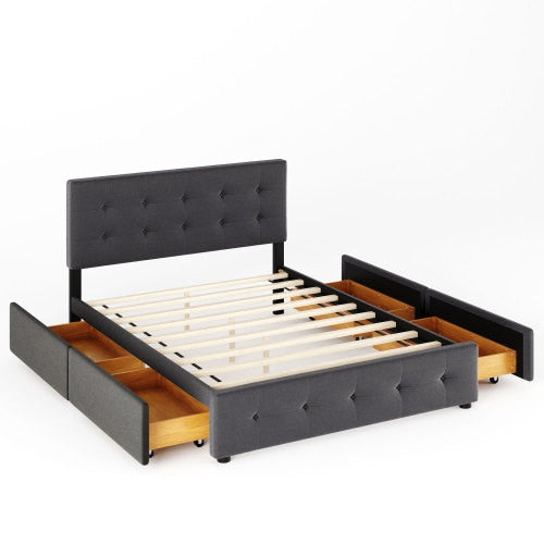 Upholstered Platform Bed With 4 Drawers Linen Fabric Queen Size