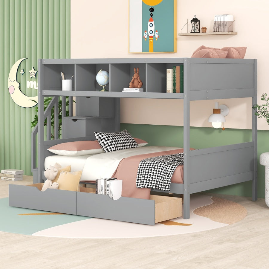 Graues Einzel-Etagenbett mit Regalen, Stauraumtreppe und 2 Schubladen