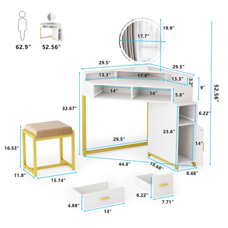 Corner Vanity Set with Lighted Mirror and stool