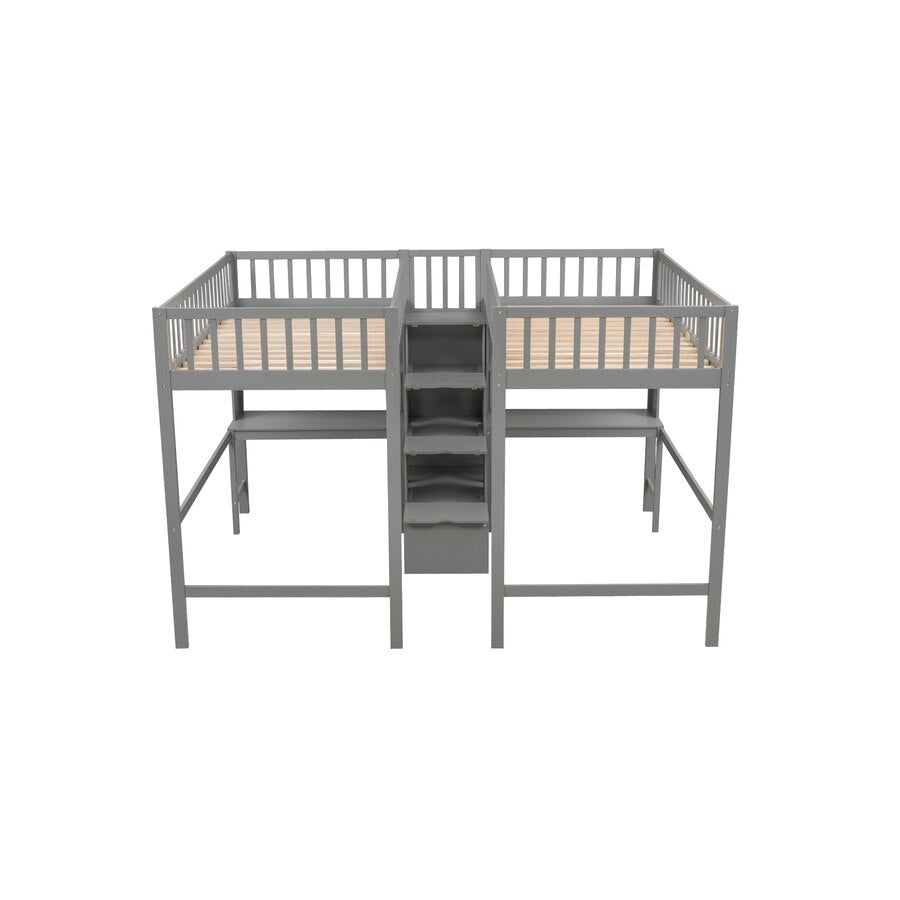 Graues Hochbett mit 2 integrierten Schreibtischen und Regalen sowie einer Treppe mit Stauraum