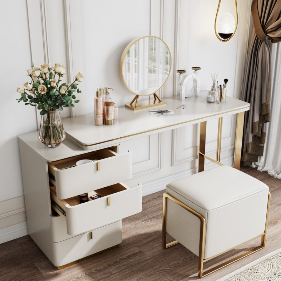 Vanity with 4 Drawers, Mirror and Stool
