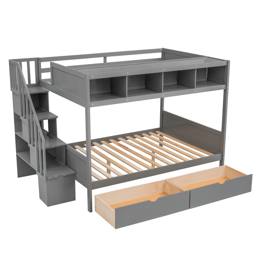 Graues Einzel-Etagenbett mit Regalen, Stauraumtreppe und 2 Schubladen