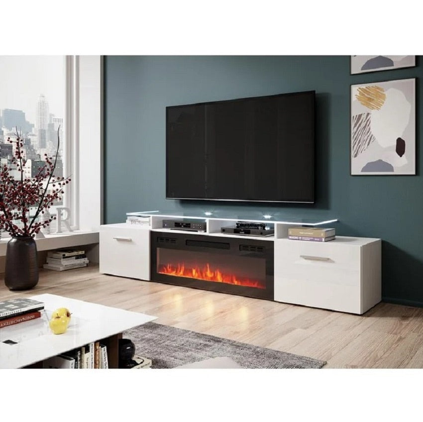 Wood Style: Solid Wood
Type: Living Room Furniture
Specific Use: TV Stand
Material: Wooden
Appearance: Modern Style
Description
Modern TV stand / TV console / TV cabinet / central entertainment center. High gloss fronts with matte body electric fireplace insert included with glass fronts, remote control, and on/off control, 3 changeable flame colors, temperature control, timer setting, and dimmer 16 colors LED light system included with color control and on/off remote . Modern and unique contemporary