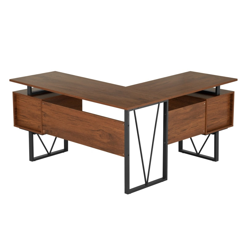 Walnut L-Shape Computer Desk with Drawers and File Cabinet