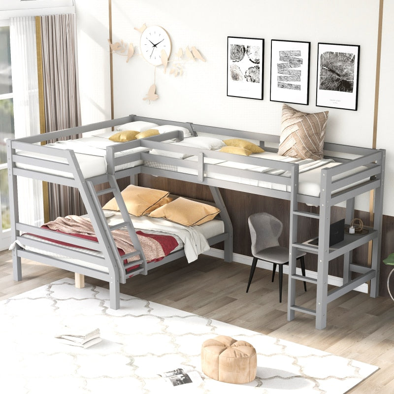L-Shaped Twin over Full Bunk Bed and Twin Size Loft Bed with Built-in Desk