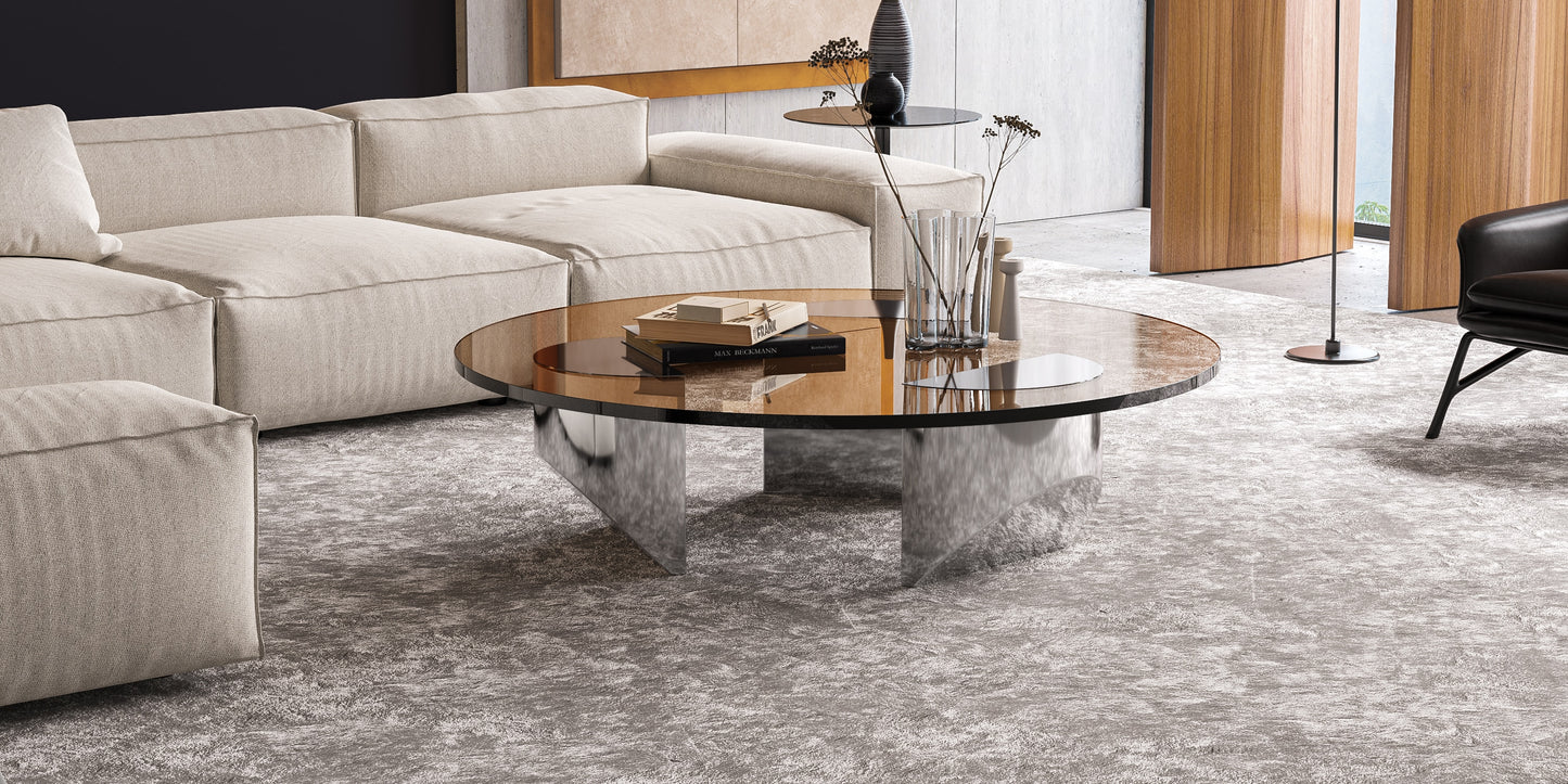Vintage Round Wedge Coffee Glass Table Minimalist Tea Table Heavy Duty Polished Steel Legs for Living Room Home Office