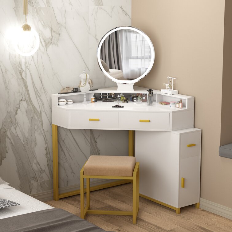 Corner Vanity Set with Lighted Mirror and stool