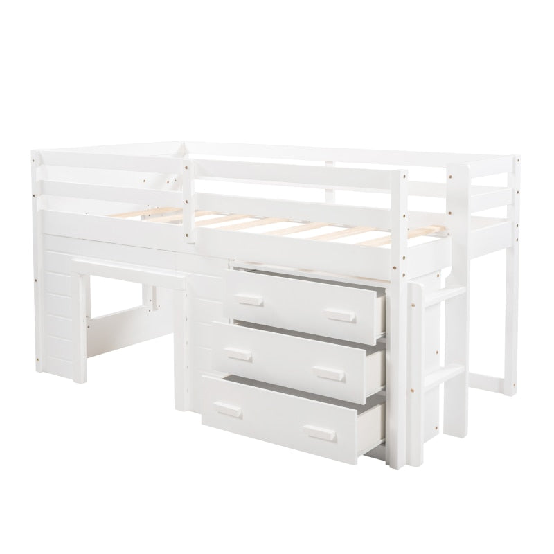 Twin-Size-Hochbett mit Schrank und Regal – Weiß